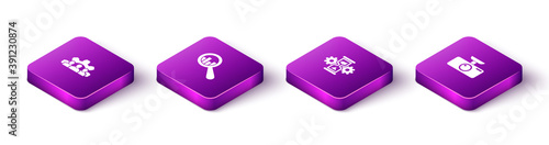Set Isometric Project team base, Magnifying glass and analysis, Hourglass gear and Car DVR icon. Vector.