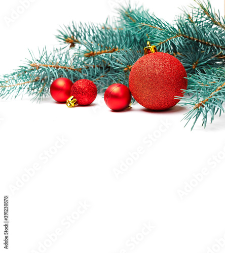 Christmas decorations on the white background with copy space for your text. Vertical photo.