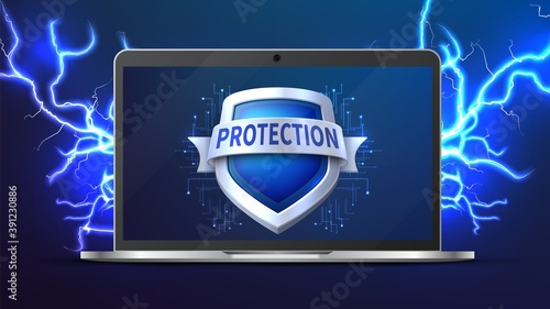 Laptop with protection shield. Data protect, realistic digital device mockup. Personal information security vector concept safety and privacy, control guard system illustration