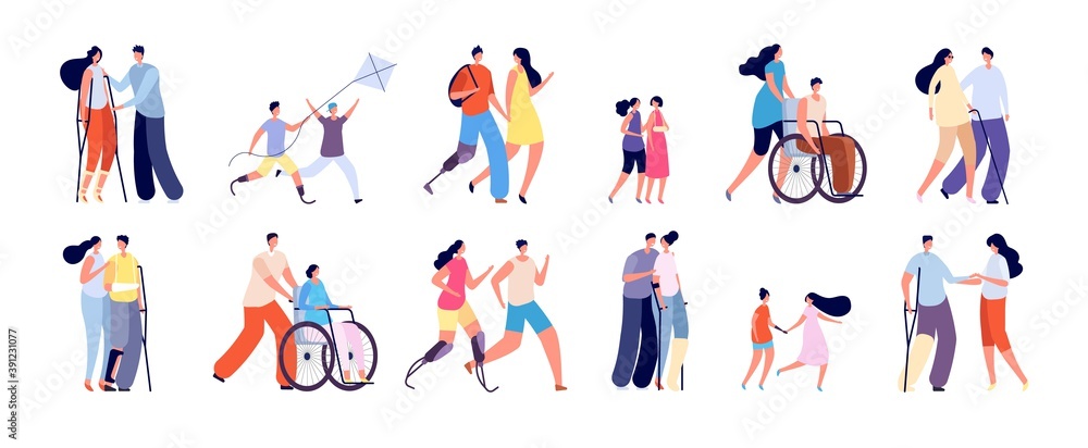 Disabilities and friends. Disablement person lifestyle, handicap man in wheelchair. Handicapped relationships, social adaptation vector set. Illustration disabled and handicapped people