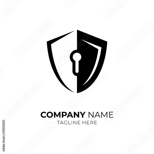 Shield padlock logo. Security key hole logo design