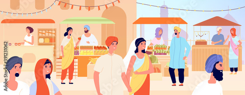 Asian street market. Asia girl, woman shopping on indian or arabic bazaar. Traditional goods marketplace, eastern travel vector illustration. Asian market street, marketplace traditional