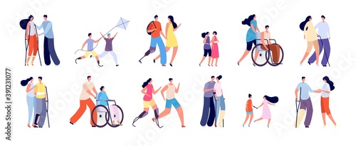 Disabilities and friends. Disablement person lifestyle  handicap man in wheelchair. Handicapped relationships  social adaptation vector set. Illustration disabled and handicapped people