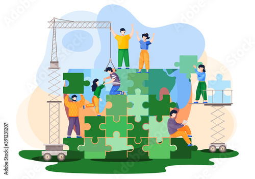 People trying to save world ecology. Volunteers male and female characters are working together building a green planet from blocks of puzzles. Earth day environment saving and nature care concept