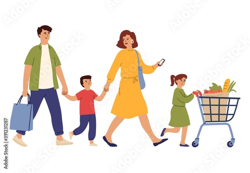 Family on shopping. Grocery store, woman man in supermarket with cart. Isolated happy people with trolley and food bag vector illustration. Family in shop with full cart, man and woman with kids