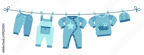 Boy newborn clothes. Cute blue pants, sweater and hat. Apparel for little man drying on clothesline vector illustration. Pants to newborn on clothespin