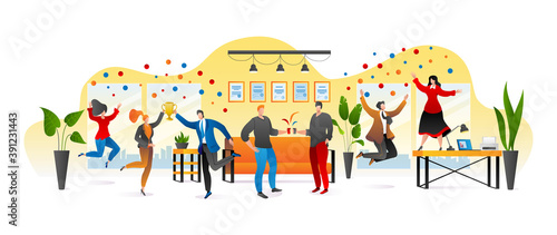 Happy office people, vector illustration. Business team with man woman cartoon character, businessman businesswoman teamwork. Professional successful corporate group work in office.