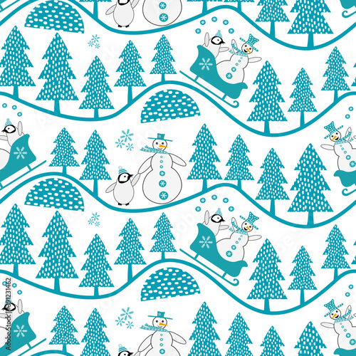Vector snowman and baby penguin sledging and walking in forest. Seamless vector pattern background. Winter wavy hill tree landscape backdrop repeat with penguins in sledges, juggling with snowballs.