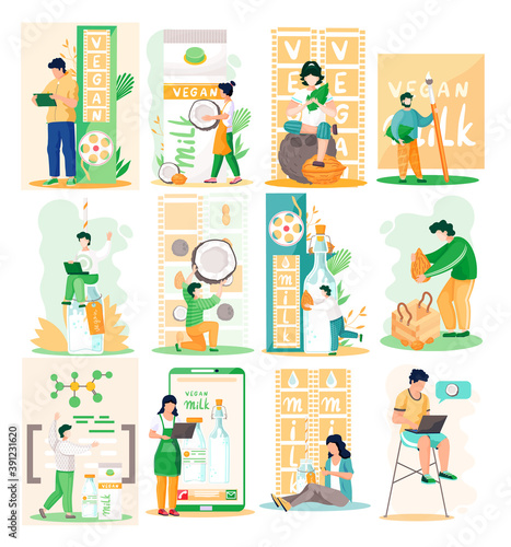 Plant-based vegan nutty milk. Healthy cow alternative to lactose milk. Scenes set with small people near plant products and inscriptions. Banner with milk in bottle, almond nuts, peanut and coconut
