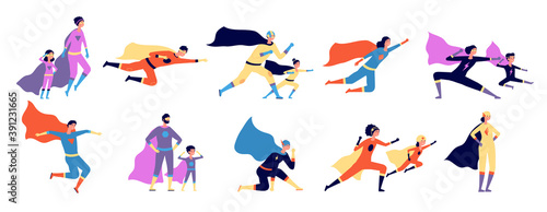 Superhero family. Parents kids in costume  strong super man characters. Isolated heroes father mother  utter cartoon power people vector set. Illustration family hero  strong kid and father mother