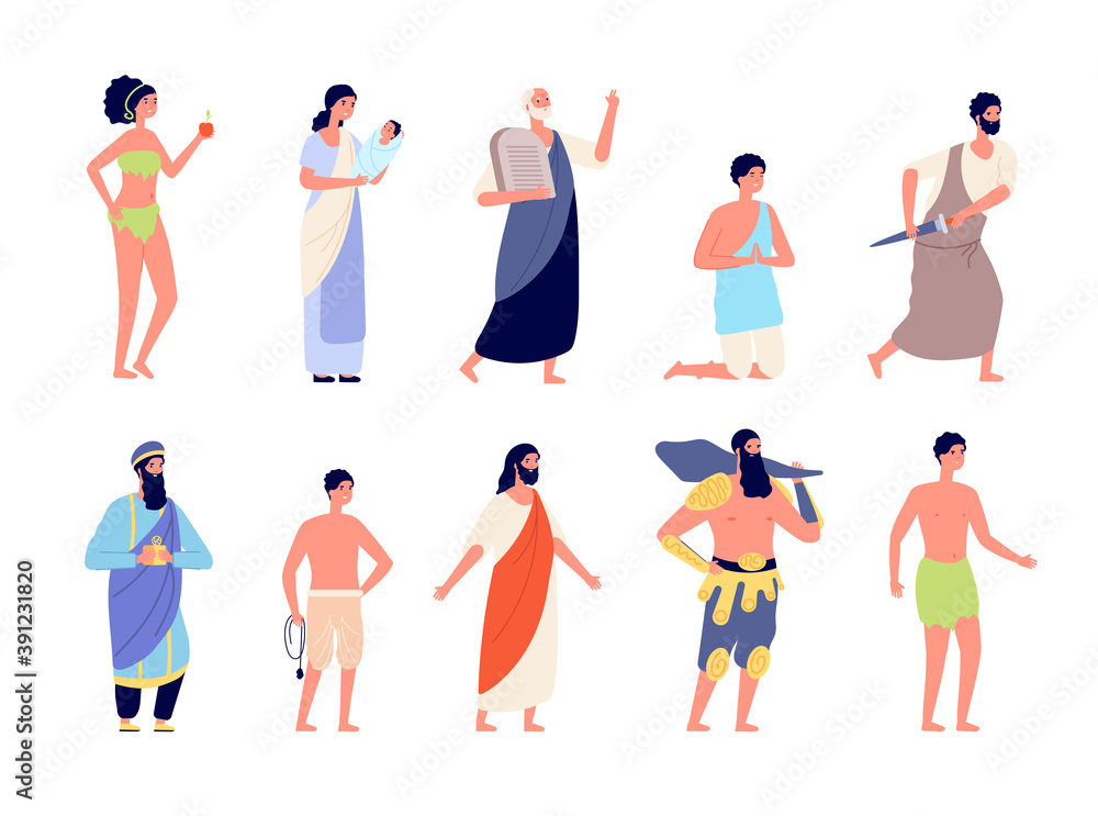 Holy bible characters. Legendary man, christian religion persons. Jesus christ, biblical newborn birth and spiritual king utter vector set. Bible character, christian and saint jesus illustration