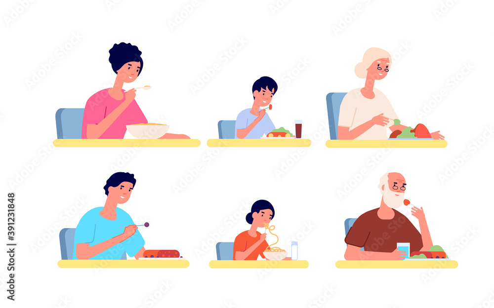 People eating. Girl eat noodle, young adult woman man in cafe or restaurant. Fast food, breakfast dinner or lunch utter vector characters. Illustration eat delicious, eating yummy and hungry People eating. Girl eat noodle, young adult woman man in cafe or restaurant. Fast food, breakfast dinner or lunch utter vector characters. Illustration eat delicious, eating yummy and hungry