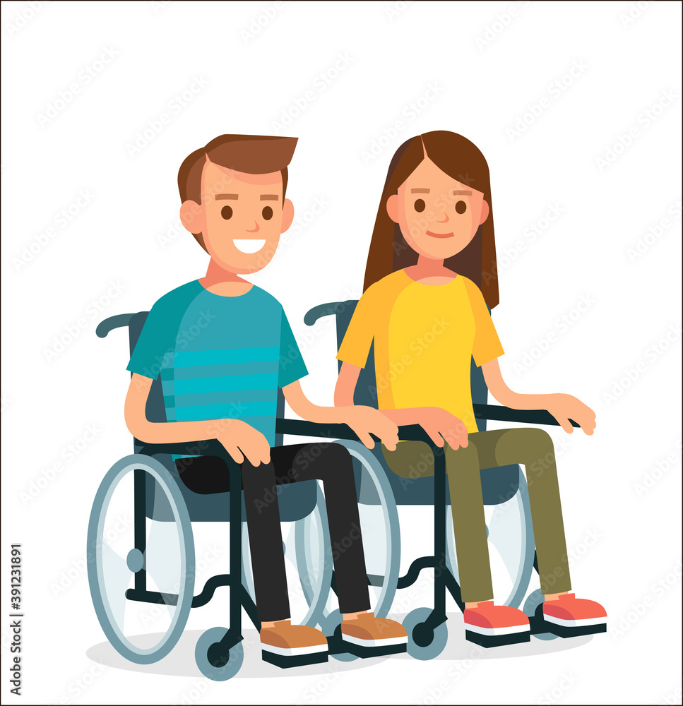 Cute young diseased couple man and woman with disabilities sit in wheelchairs. Handicapped person. Disabled people. Sufferer, ill, painfu. Cute young diseased couple man and woman with disabilities sit in wheelchairs. Handicapped person. Disabled people. Sufferer, ill, painfu.