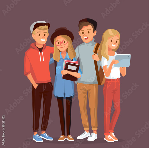 Set of friends, university fellow students classmates standing together hugging holding books with gadgets and backpacks. Group of learners young people. Student couple. Vector illustration. Flat.