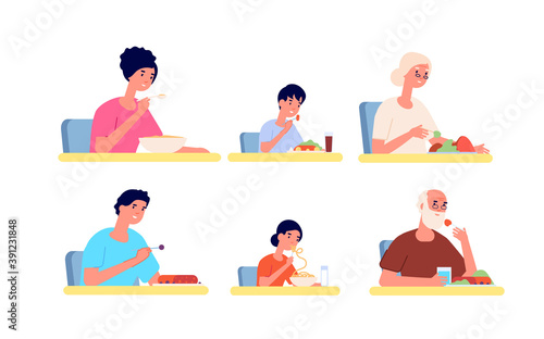 People eating. Girl eat noodle, young adult woman man in cafe or restaurant. Fast food, breakfast dinner or lunch utter vector characters. Illustration eat delicious, eating yummy and hungry