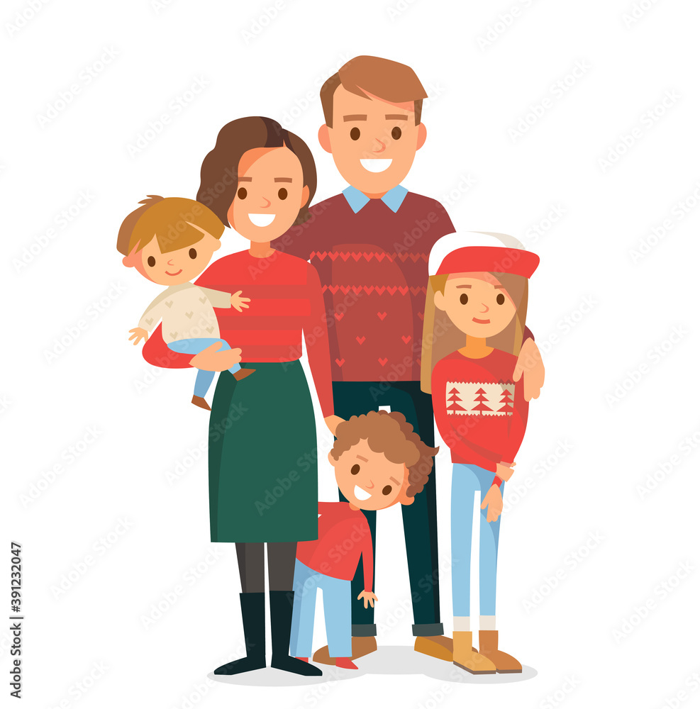 Christmas, new year portrait of big happy family standing together in festive outfit, clothes, dress, attire. Vector people siblings, relatives. Mother and father with babies, children, mom, dad. Christmas, new year portrait of big happy family standing together in festive outfit, clothes, dress, attire. Vector people siblings, relatives. Mother and father with babies, children, mom, dad.