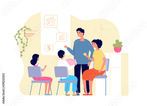 Family money bank. Finance education, budget saving plans for dream. Parents teaching children economy or investment utter vector concept. Illustration budget family to education children in college