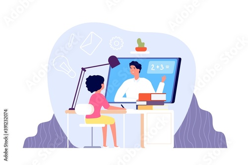 Remote learning. Kid studying on computer, student online home education. Personal distance teacher, virtual school utter vector concept. Illustration computer education remote class