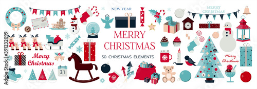 Huge set of Christmas icons and elements. Fifty Christmas images for decorating cards, ads, banners, flyers, and invitations. Cute illustrations in flat design for Christmas eve and new year