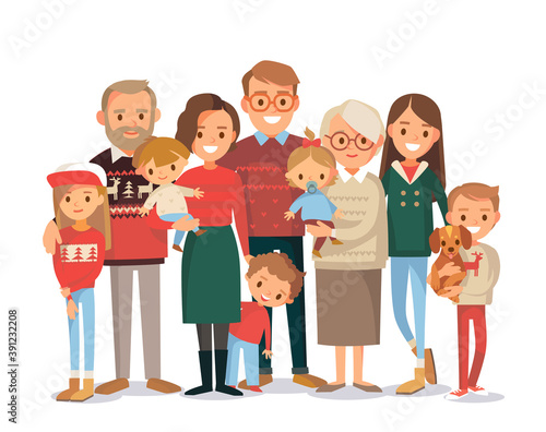 Christmas big happy multi-generational family siblings relatives portrait. Vector people. Seniors mother and father with babies, children grandchildrens and grandparents. Grandma grandpa mom dad..
