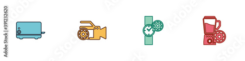 Set Toaster, Video camera setting, Wrist watch and Blender with bowl icon. Vector.