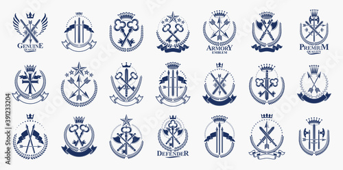 Vintage weapon vector logos or emblems, heraldic design elements big set, classic style heraldry military war armory symbols, antique knives compositions.
