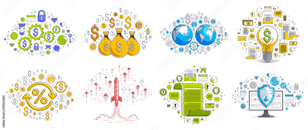 Different business money and finance concepts vector illustrations set, trendy design drawings commercial theme collection, a lot of icons and symbols included, elements can be used separately.