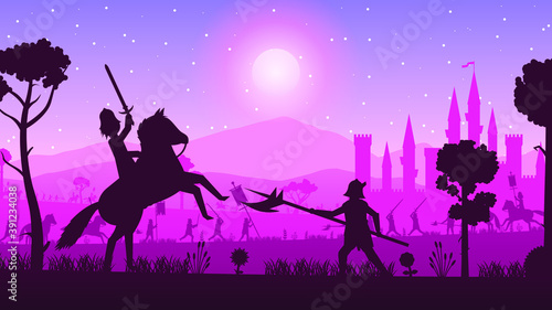 Abstract Nature Background Pink Forest Tree Vector Medieval Wars Army Silhouette With Castle Design Style