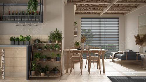 Cosy wooden sustainable living room in gray tones with bamboo ceiling. Sofa  dining table with chairs. Ceramic tiles floor and potted plants. Environmental friendly interior design