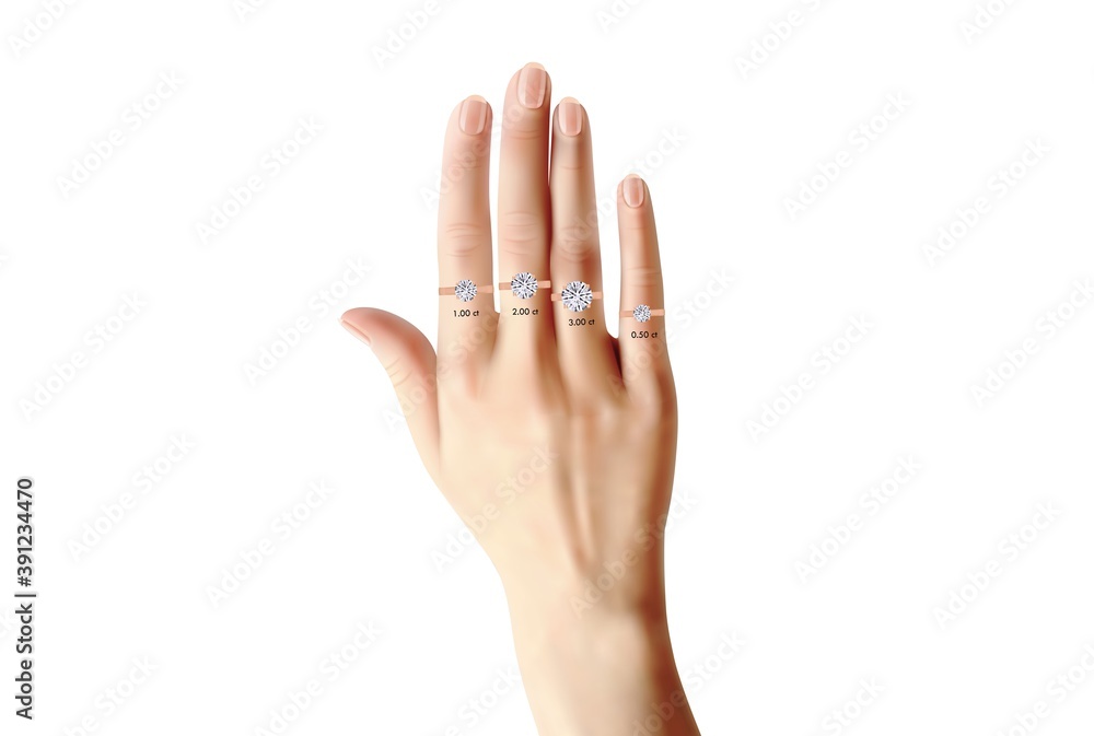 3.00 carat to 0.50 carat Wedding Diamond Ring Comparison on Hand - obrazy, fototapety, plakaty 