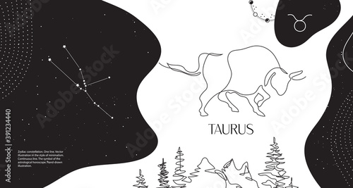 Zodiac background. Taurus constellation. Horizontal banner. Continuous line.