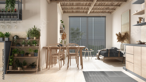 Cosy wooden sustainable living room and kitchen in gray tones with bamboo ceiling. Sofa, dining table, chairs. Potted plants. Ceramic floor. Environmental friendly interior design