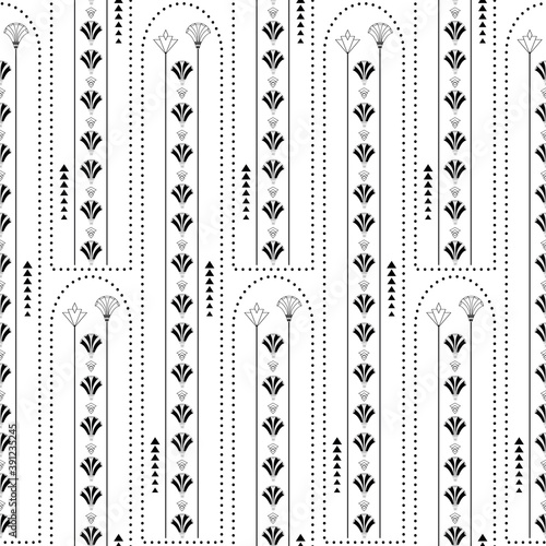Vector art deco architecture inspired vertical geometric lines, flowers and triangles. Black and white seamless pattern background. Elegant repeat 1920s style tall stylized florals, shapes and frames. © Gaianami Design