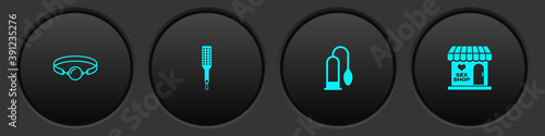 Set Silicone ball gag, Spanking paddle, Penis pump and Sex shop building icon. Vector.