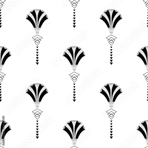 Vector art deco stylized fanning flower seamless pattern background. Monochrome geometric backdrop with alternating elegant fan shaped florals and decorative 1920s style elements. All over print.