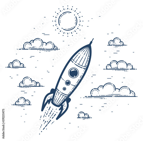 Rocket launch vector simple linear icon, missile start up business line art illustration, space technology and science, science fiction literature sign.