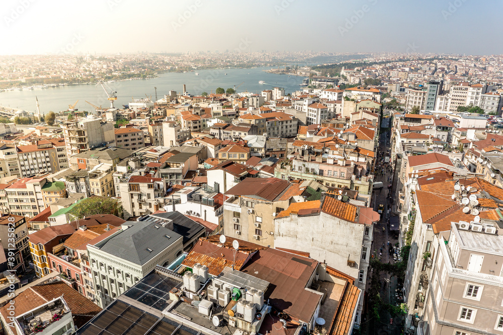 View of Istanbul from the height of the Galata Tower. The architecture of the historic old part of Istanbul.