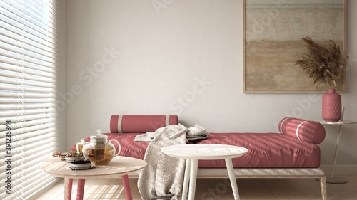 Cosy wooden sustainable living room in red tones with modern sofa with blanket and coffee tables. Tea time, glass teapot and teacup, snacks. Environmental friendly interior design