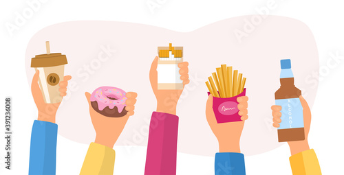 Unealthy lifestyle habits and obesity and bad health concept. Hands holding fast junk food, bag habits, waste of time. Flat cartoon vector illustration.