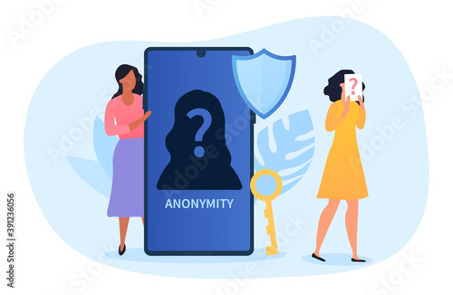 Anonymity abstract concept, female character hiding behind huge smartphone with anonymous unrecognizable profile, person with pack with question mark on head. Flat cartoon vector illustration