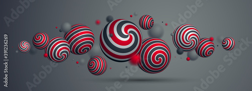 Realistic decorated spheres vector illustration, abstract background with beautiful balls with patterns and depth of field effect, 3D globes design concept art.