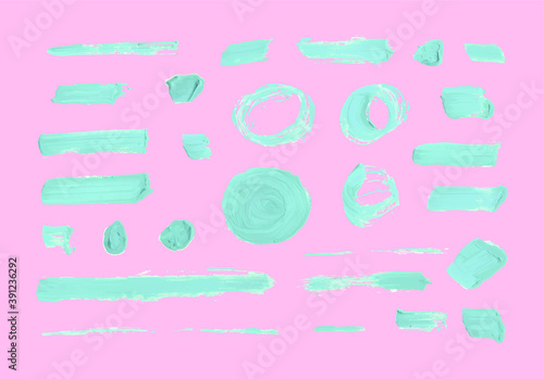 Vector Set of Pastel Color Brush Strokes, Light Pink Background and Light Blue Paint.
 photo