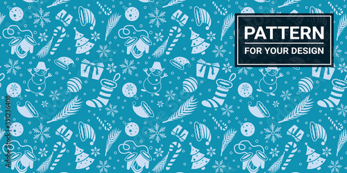 Christmas seamless pattern. Christmas attributes on a blue background.