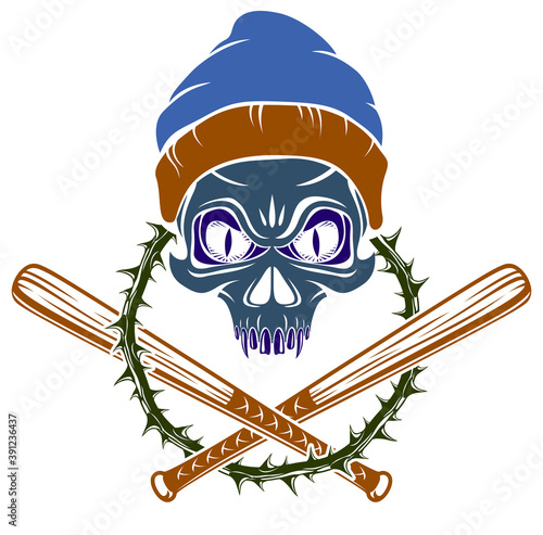 Gangster emblem logo or tattoo with aggressive skull baseball bats design elements, vector, criminal ghetto vintage style, gangster anarchy or mafia theme.