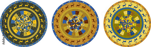 Plate with ornaments in the form of rock art. Painting in a circle. Vector graphics.