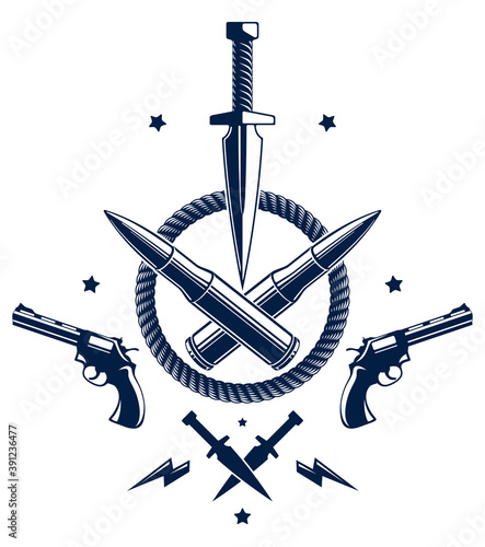 Revolution and War vector emblem with dagger knife and other weapons , tattoo with lots of design elements, riot partisan warrior, criminal and anarchist style, social tension theme.