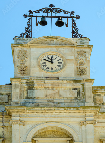 Detail of the clock tower of the municipal building of Gioia del Colle, Apulia. Italy