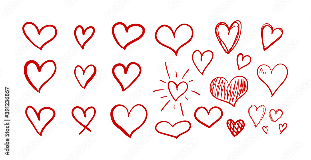 Vector Set of Hand Drawn Red Hearts, Freehand Drawings Isolated on White Background, Romantic Icons.