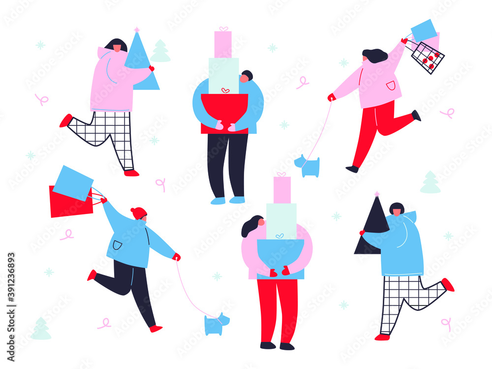Christmas sale. People flat illustration template. Cartoon flat happy people running after shopping. Hand drawn vector abstract people walking in winter clothing and surprise gift boxes. 