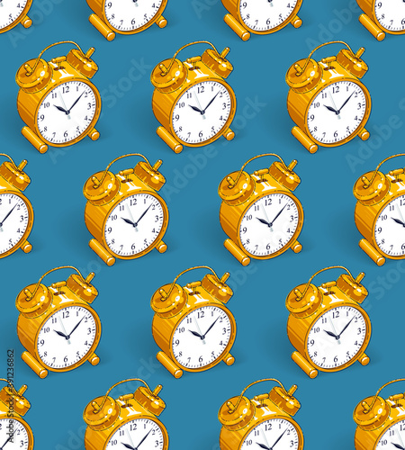 Alarm clocks seamless background, timer, deadline hurry and wake up concept, vector wallpaper or web site background.